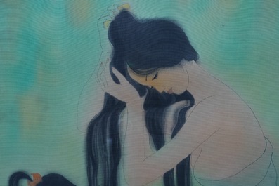 Mai Long (Vietnam, 1931): 'M&egrave;re et enfant' et 'La p&ecirc;che en rivi&egrave;re', encre et couleur sur soie
